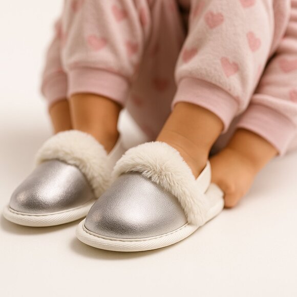 Cat & Jack Scuff Slipper Faux Fur Trim Silver Metallic W/Heel Strap Sz L 9/10 - Picture 1 of 3